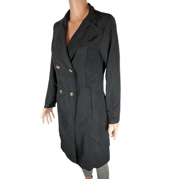 SHEIN Suede Double-Breasted Lightweight Long Coat, Black | S - Picture 13 of 16